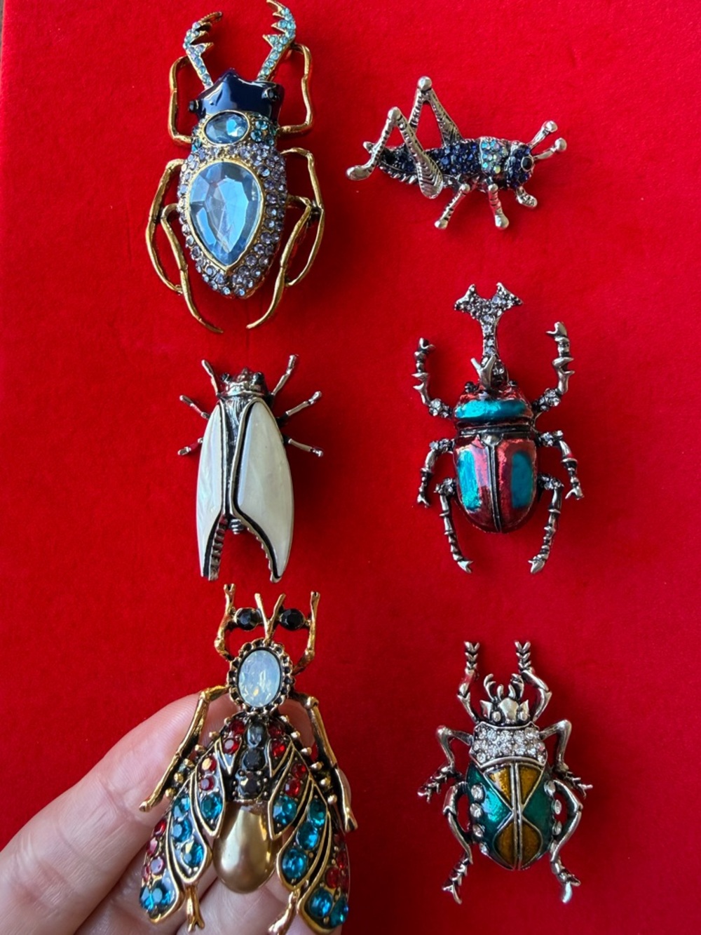 SOLD Assorted Jeweled Beetle & Insect Brooch Pins - Blue, Teal, Gold, Cream